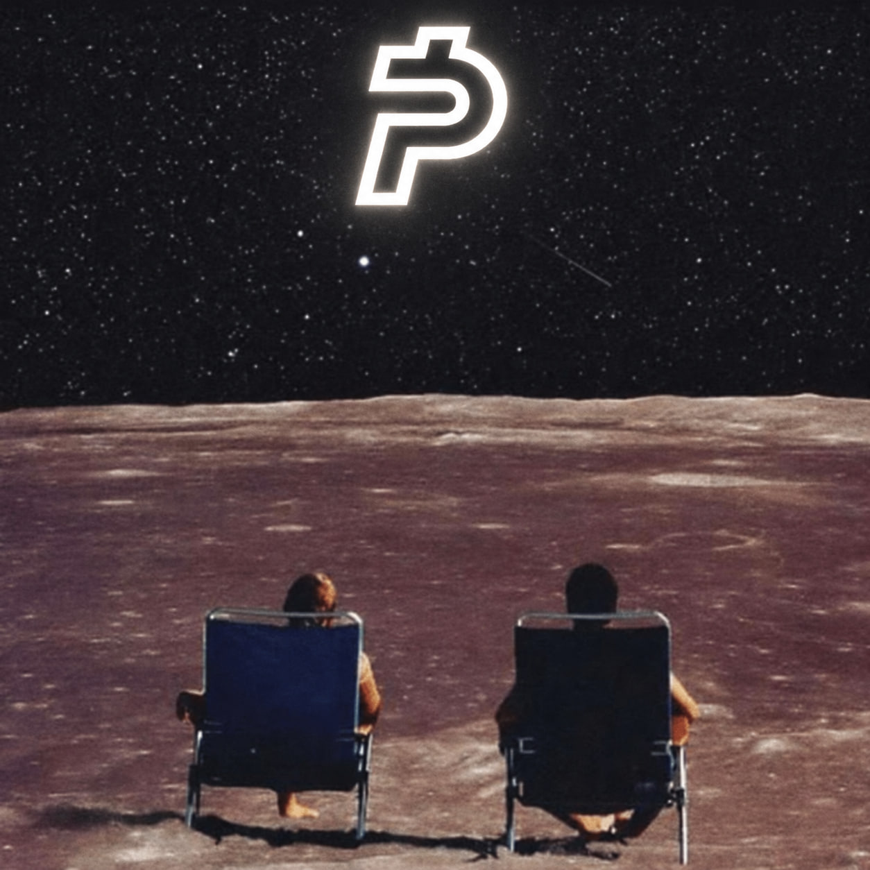 Two people in folding chairs looking across the moon beneath a luminous symbol